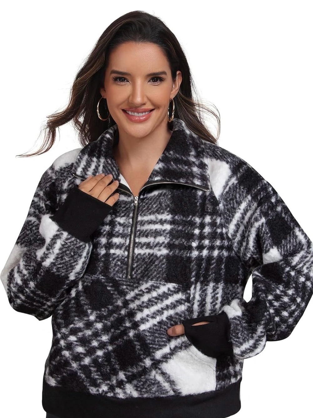 Women Black & White Plaid Pullover Jacket